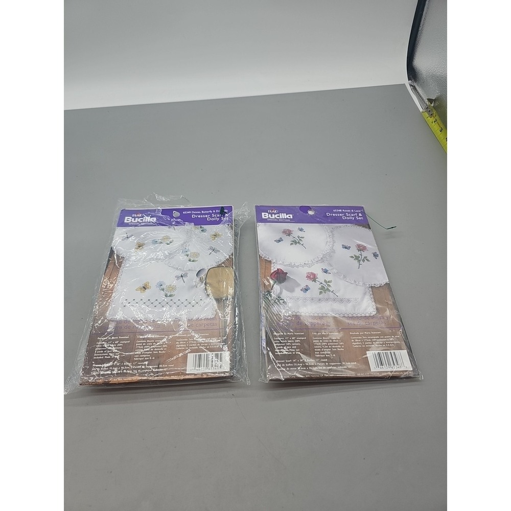 Dresser Scarf & Doily Embroidery Stamped Linen Lot Of 2 Floss Not Include New